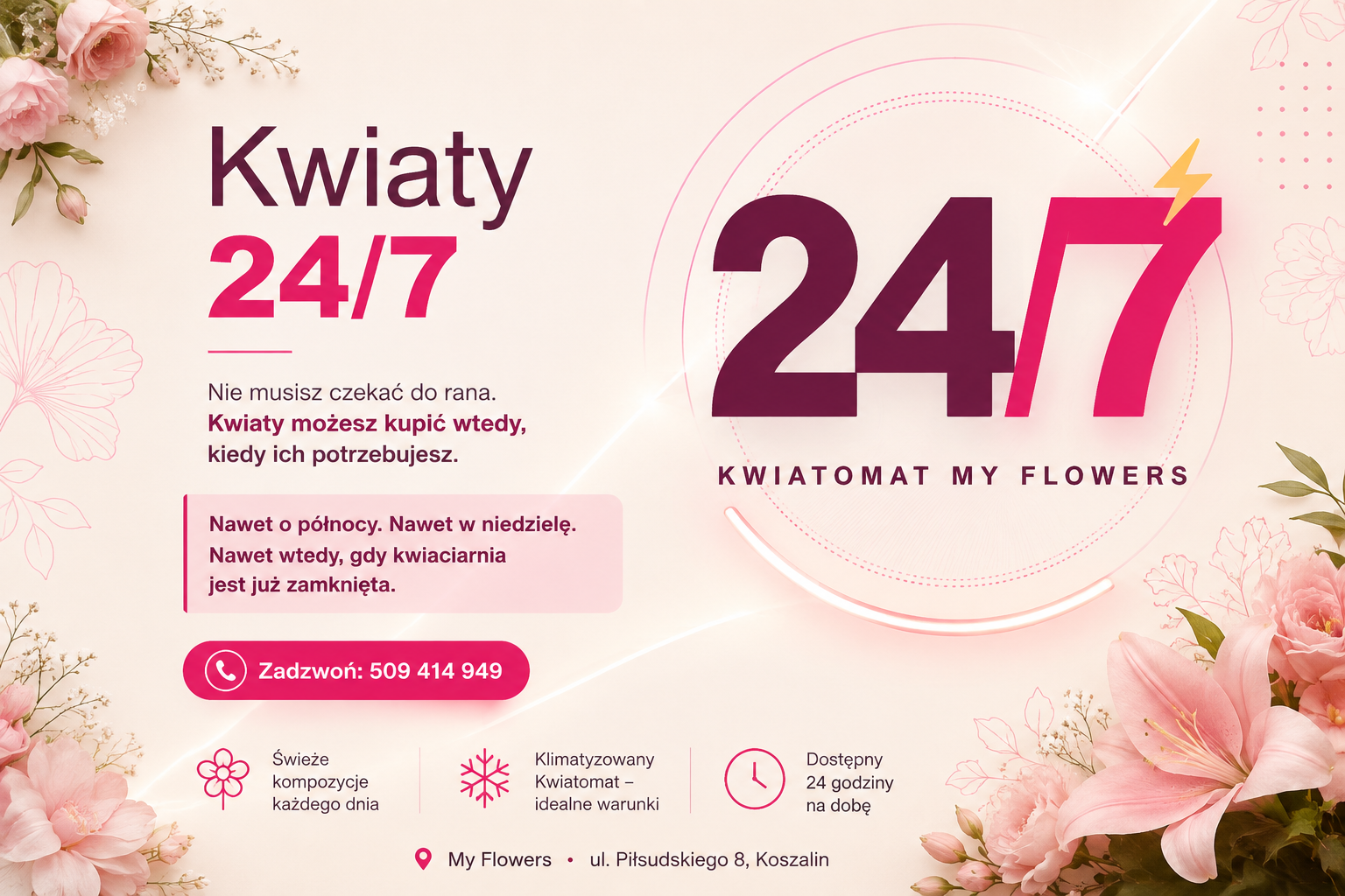 Baner My Flowers – świeże kompozycje kwiatowe, klimatyzowany Kwiatomat dostępny 24 godziny na dobę, ul. Piłsudskiego 8, Koszalin