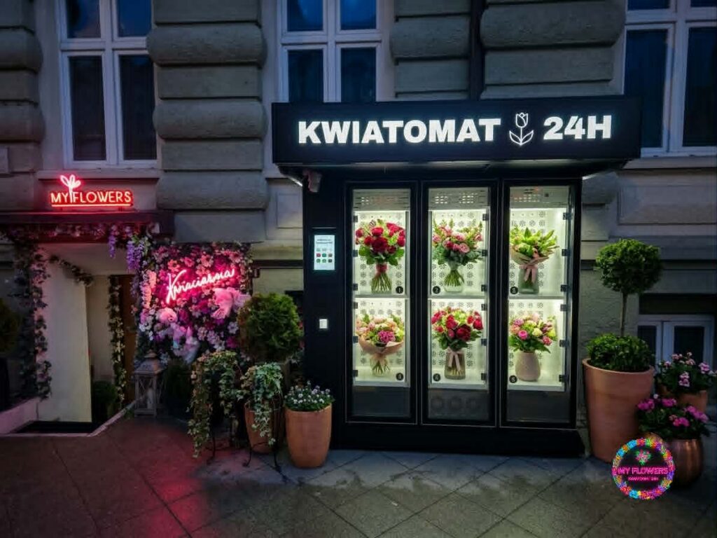 Kwiatomat My Flowers przy ulicy Piłsudskiego 8 w Koszalinie – zdjęcie punktu wieczorową porą