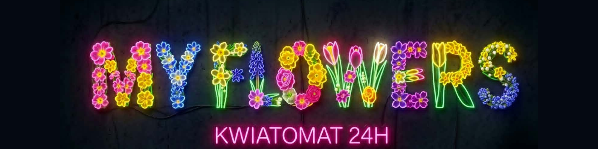 Neonowy napis MY FLOWERS ułożony z kolorowych kwiatów – logo kwiaciarni My Flowers w Koszalinie